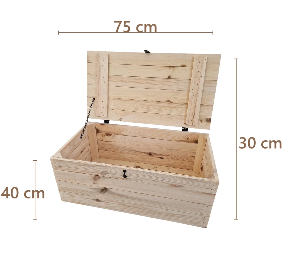 Holzkiste mit Deckel 75×40×30 cm – Massivholz Kiefer, geflammt – Maße