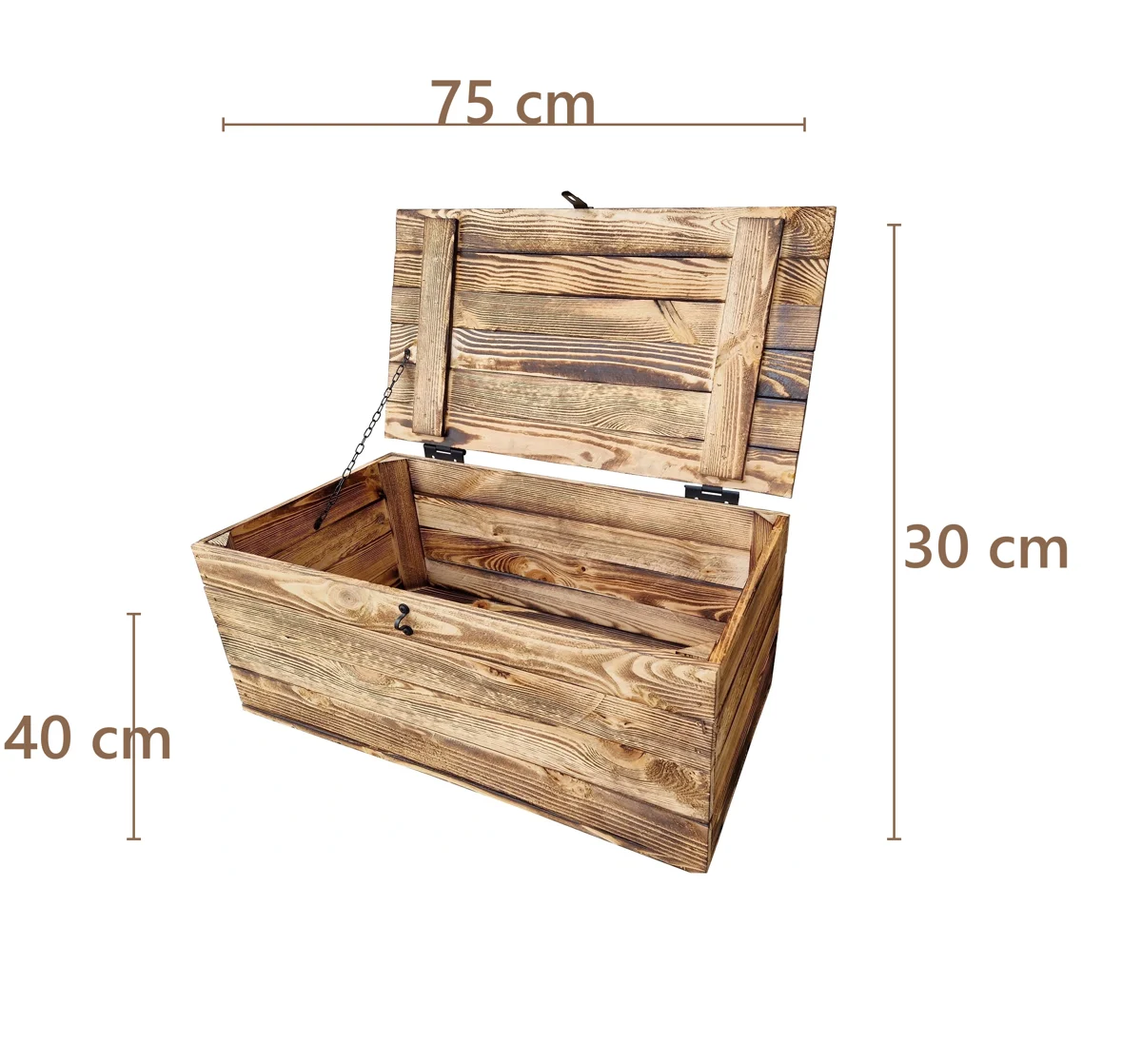 Holzkiste mit Deckel 75×40×30 cm – Massivholz Kiefer, geflammt – Maße