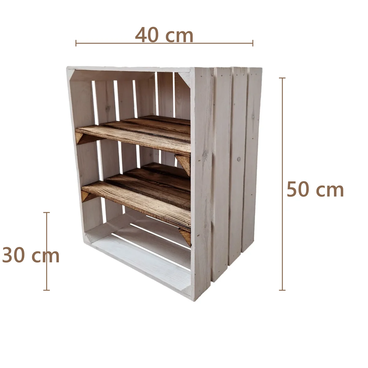 Witte houten kist met 2 planken 50×40×30 cm – wit of wit-gebrand – Maße