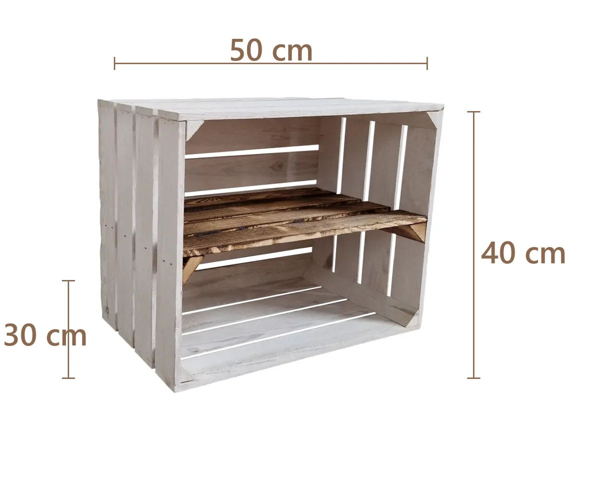 Holzkiste mit Einlegeboden 50×40×30 cm – weiß oder weiß geflammt – Maße
