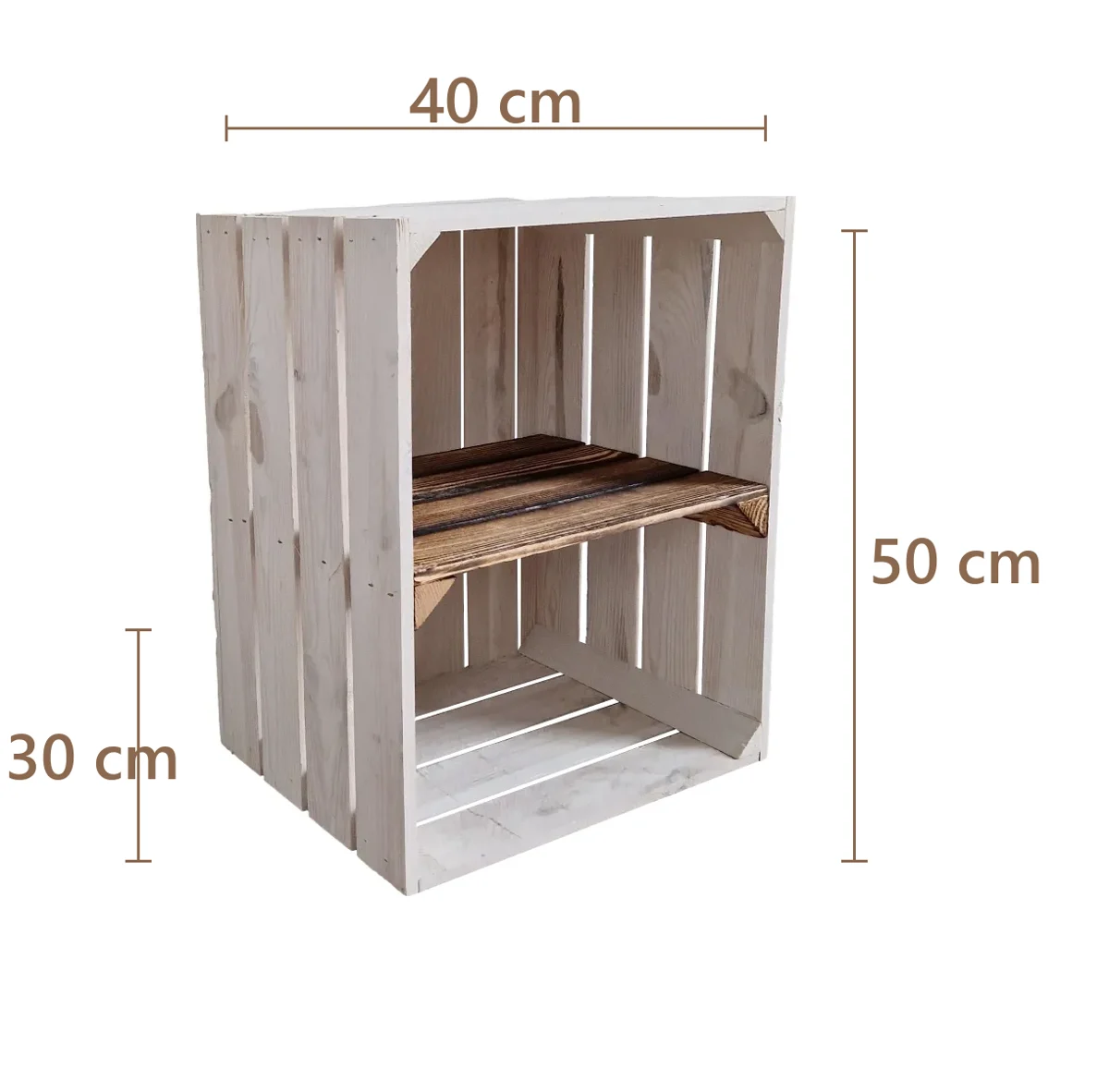 Holzkiste mit Einlegeboden 50×40×30 cm – weiß oder weiß geflammt – Maße