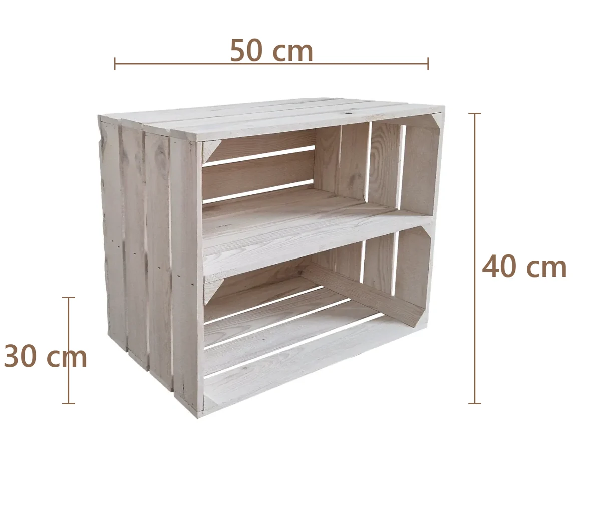 Holzkiste mit Einlegeboden 50×40×30 cm – weiß oder weiß geflammt – Maße