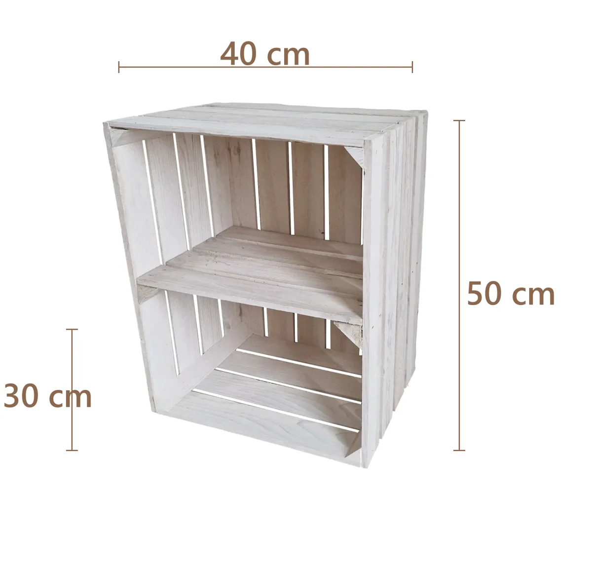 Holzkiste mit Einlegeboden 50×40×30 cm – weiß oder weiß geflammt – Maße