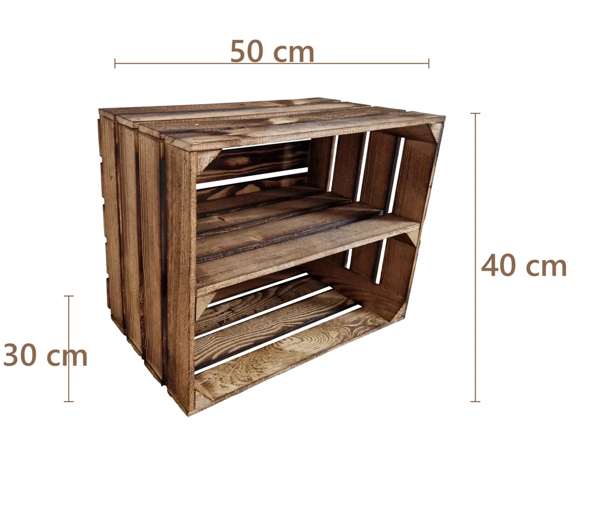 Caisse en bois avec étagère intérieure 50×40×30 cm – effet brûlé – Maße