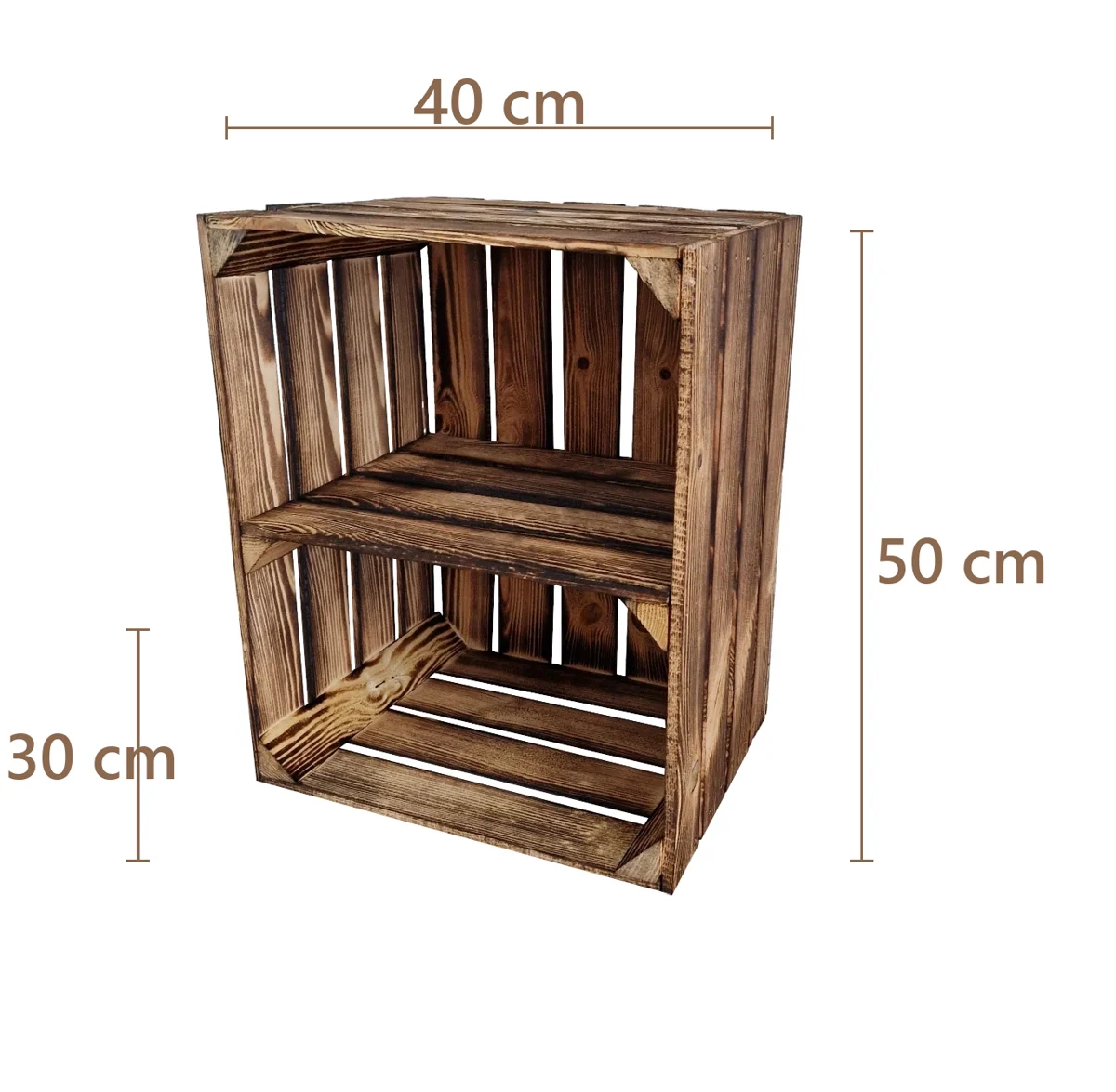 Caisse en bois avec étagère intérieure 50×40×30 cm – effet brûlé – Maße