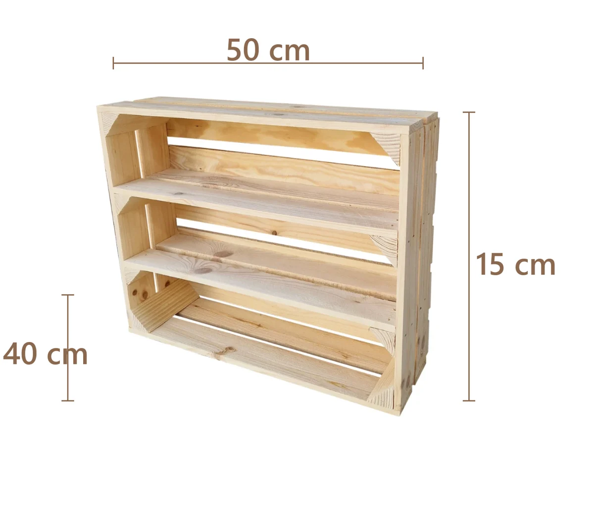 Caisses en bois avec étagères de rangement 50×40×15 cm – effet brûlé – Maße