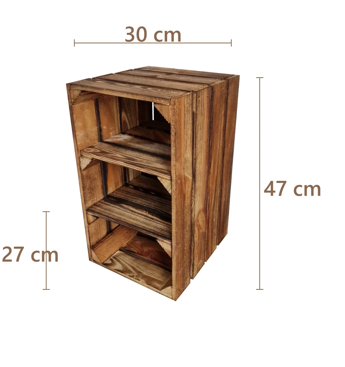 Schuhregal aus Holzkisten – natur oder geflammt, 3–6 Fächer – Maße