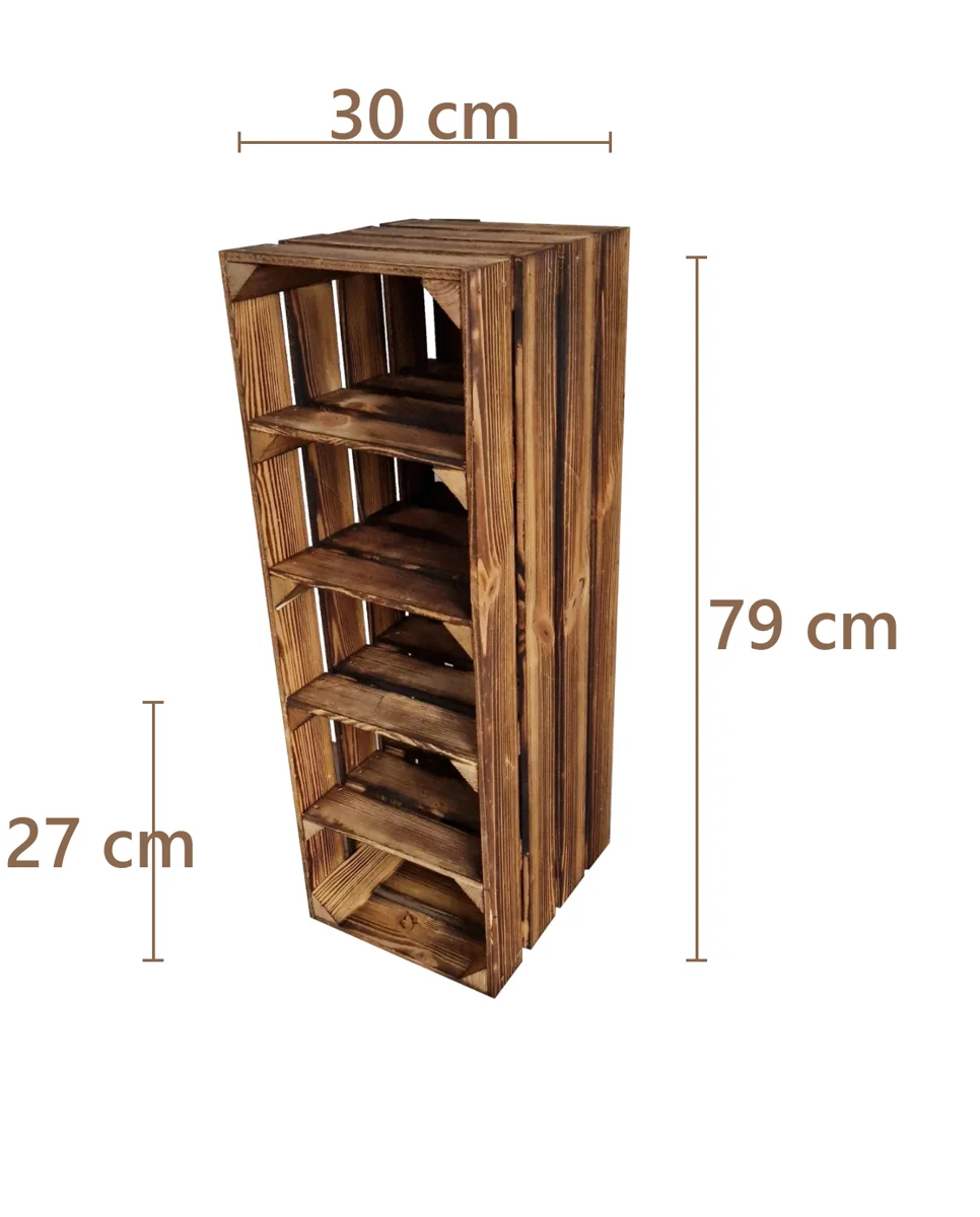 Schuhregal aus Holzkisten – natur oder geflammt, 3–6 Fächer – Maße