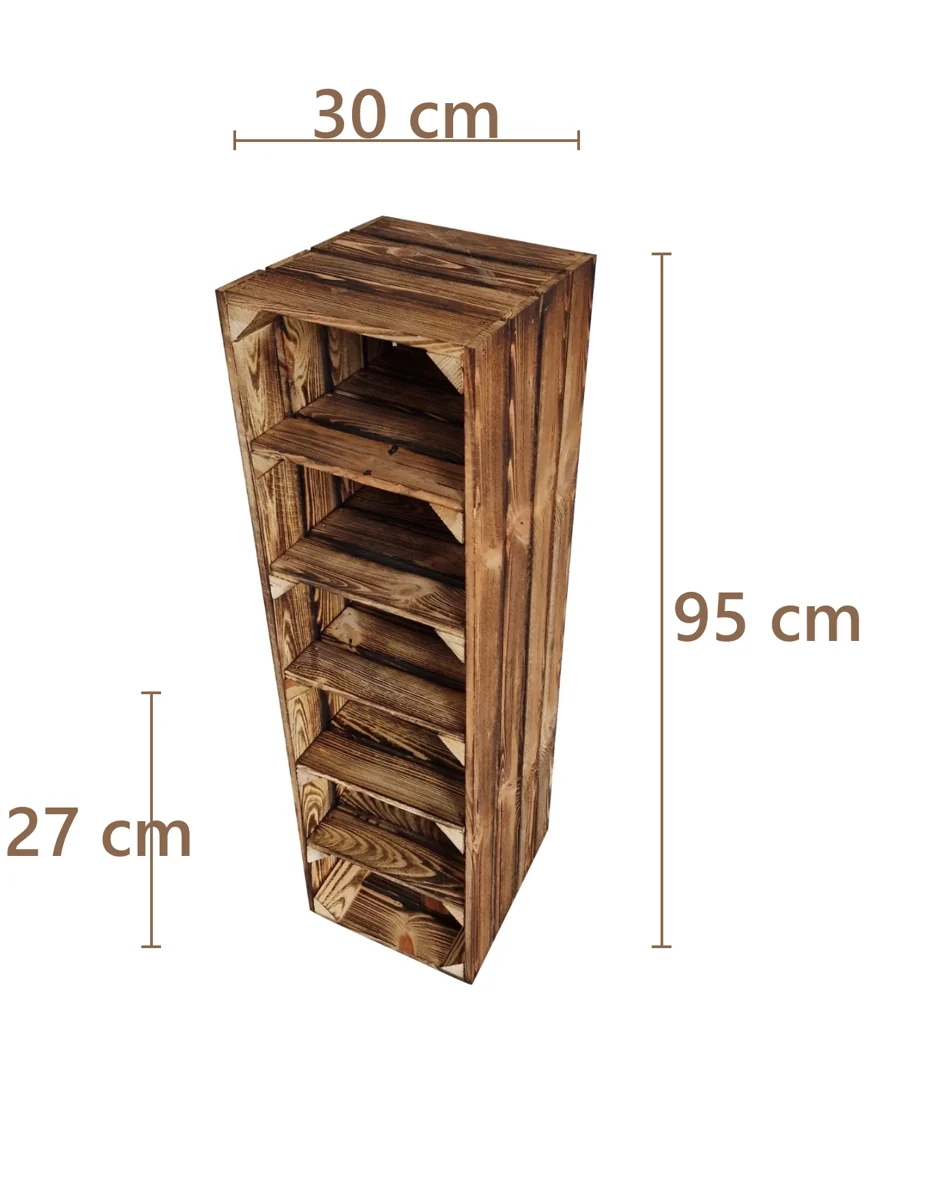 Schuhregal aus Holzkisten – natur oder geflammt, 3–6 Fächer – Maße