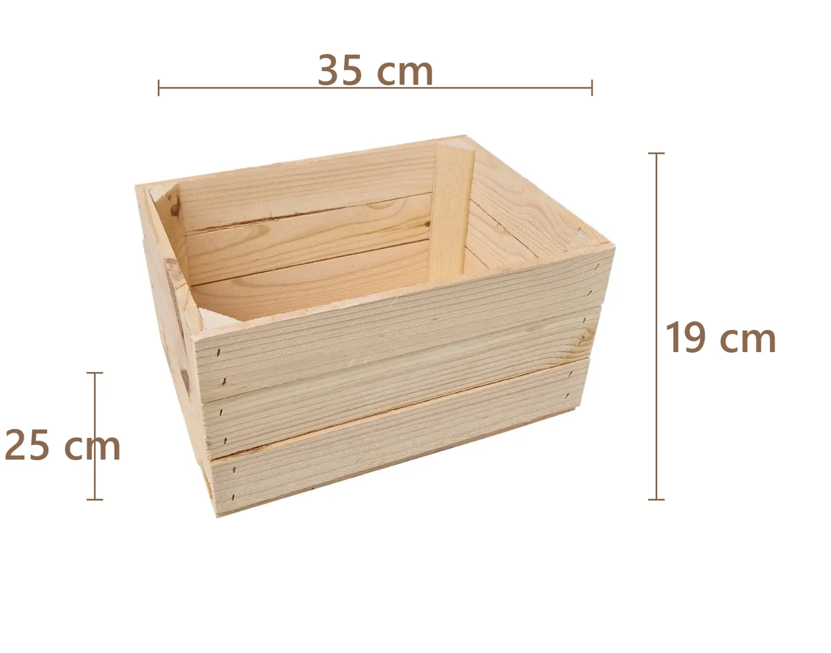 Houten kist 35×25×19 cm – naturel of gebrand, stapelbaar, gemonteerd – Maße