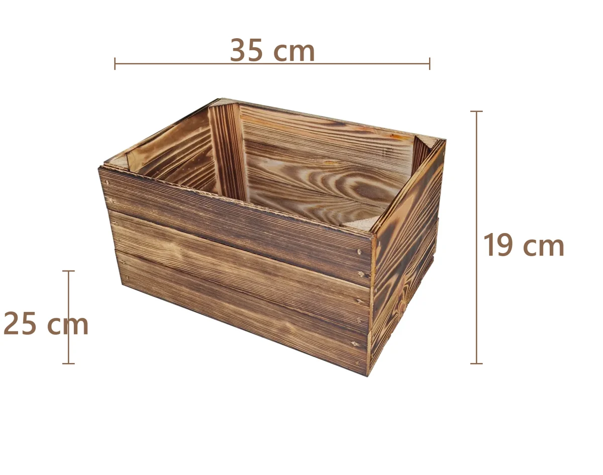 Houten kist 35×25×19 cm – naturel of gebrand, stapelbaar, gemonteerd – Maße