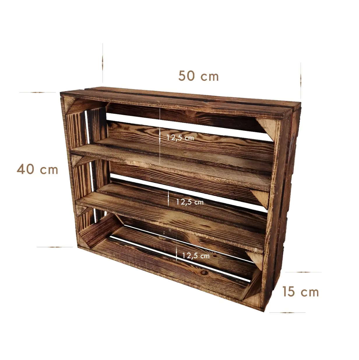 Caisses en bois avec étagères de rangement 50×40×15 cm – effet brûlé – Maße