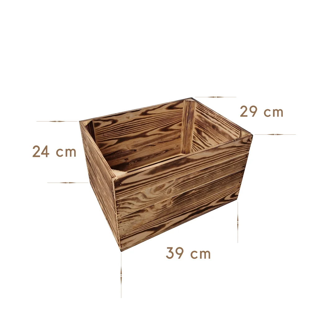 Holzkiste 39×29×24 cm – natur oder geflammt, fertig montiert – Maße