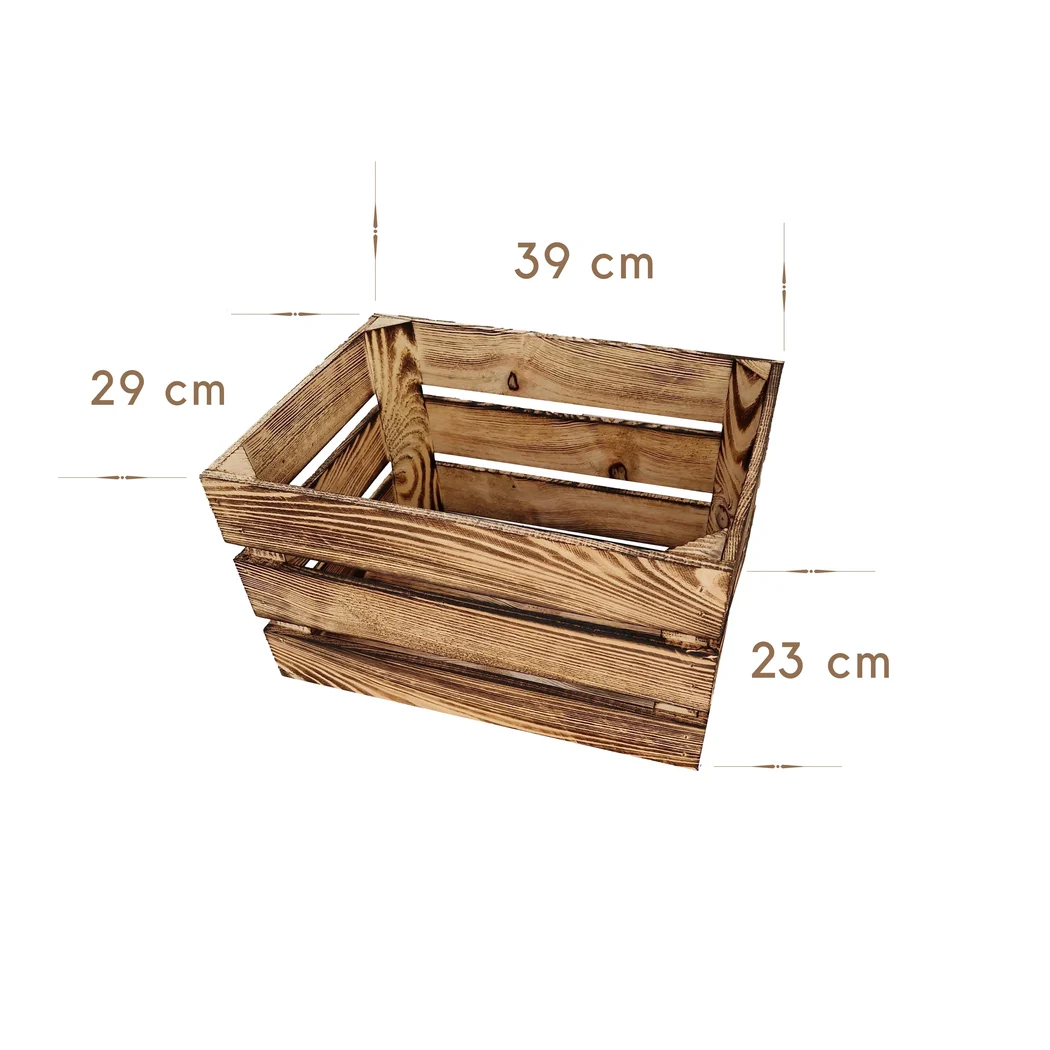 Caisse en bois 39×29×23 cm pour rangement et présentation – effet brûlé – Maße