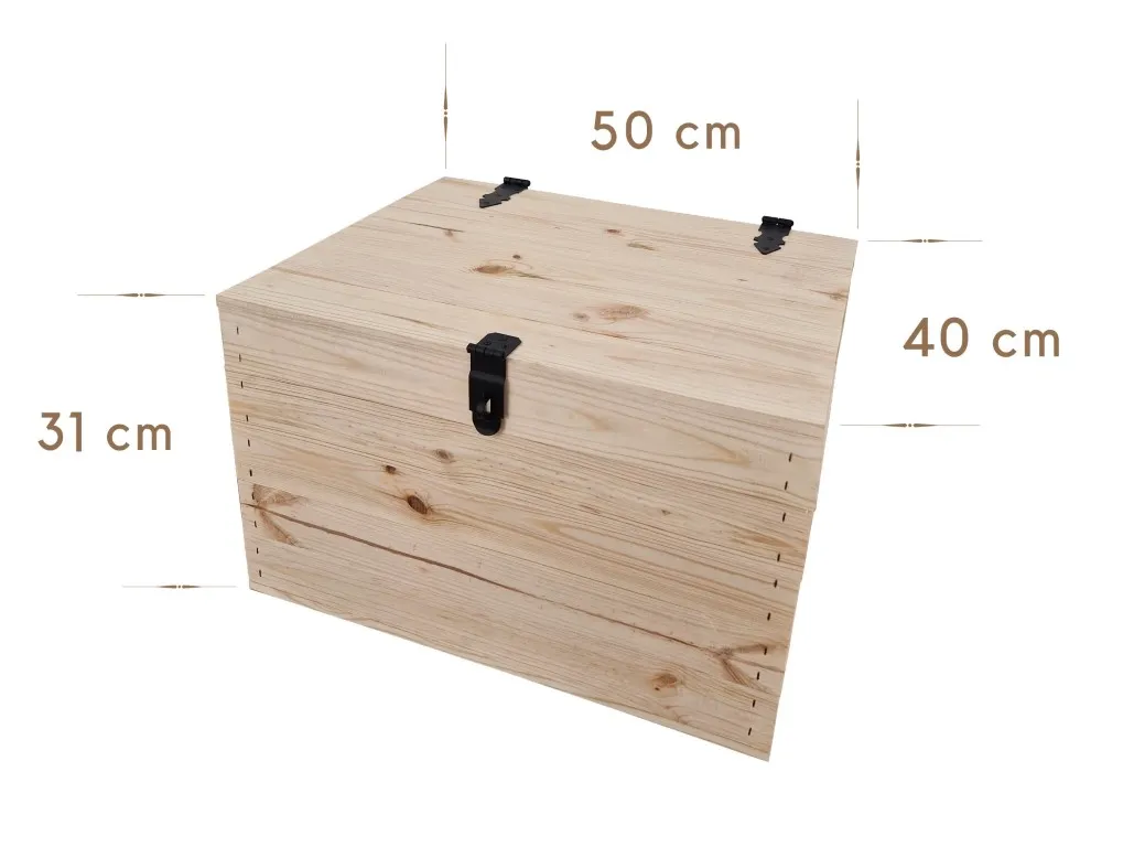 Holzkiste mit Deckel und Schloss 50×40×31 cm – natur oder geflammt – Maße