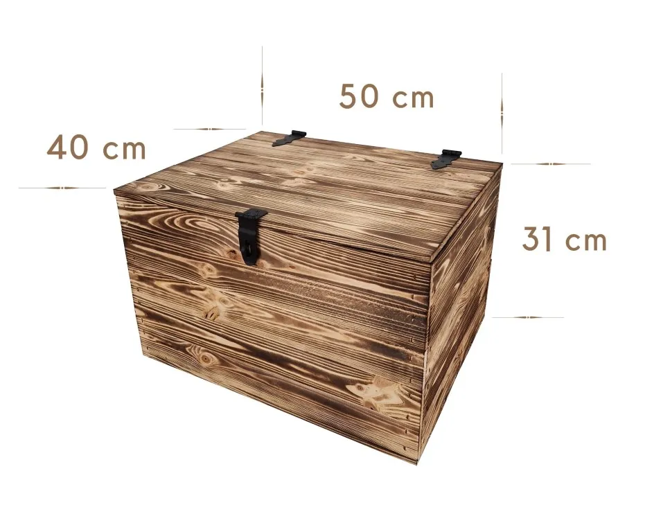 Holzkiste mit Deckel und Schloss 50×40×31 cm – natur oder geflammt – Maße