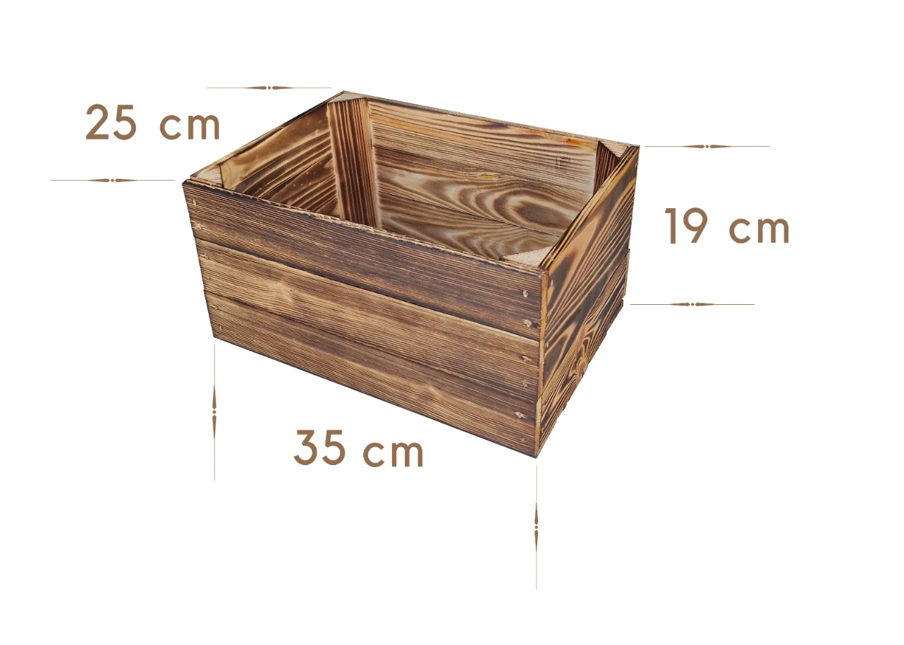 Lot de 10 caisses en bois 35×25×19 cm – effet brûlé, pin massif – Maße