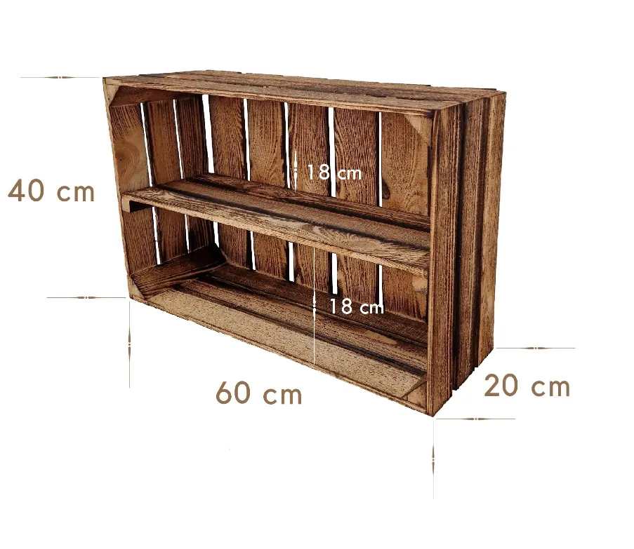 Große geflammte Holzkiste mit Zwischenboden 60×40×20 cm – Maße