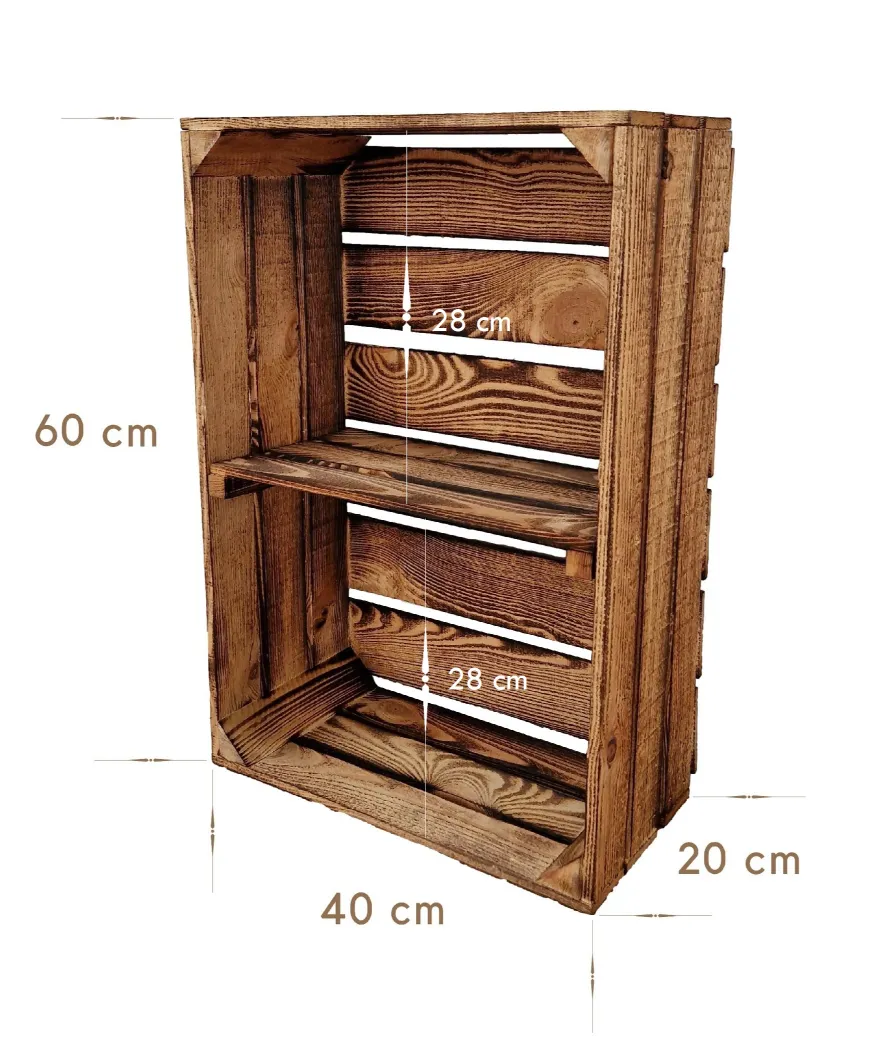 Large wooden crate with shelves 60×40×20 cm – burnt-effect, fully assembled – Maße