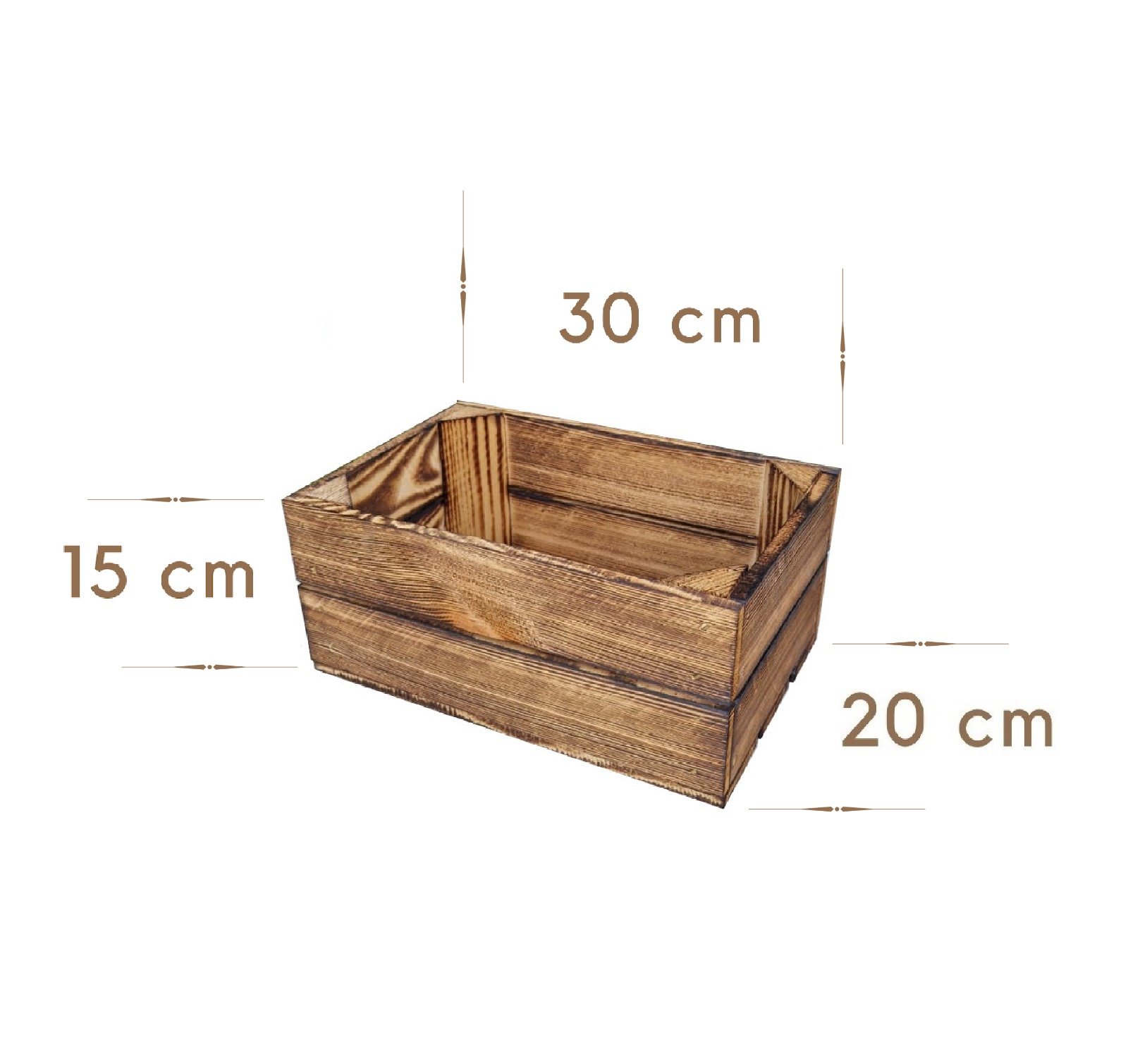 Kleine Holzkisten 30×20×15 cm – geflammt, Massivholz Kiefer – Maße