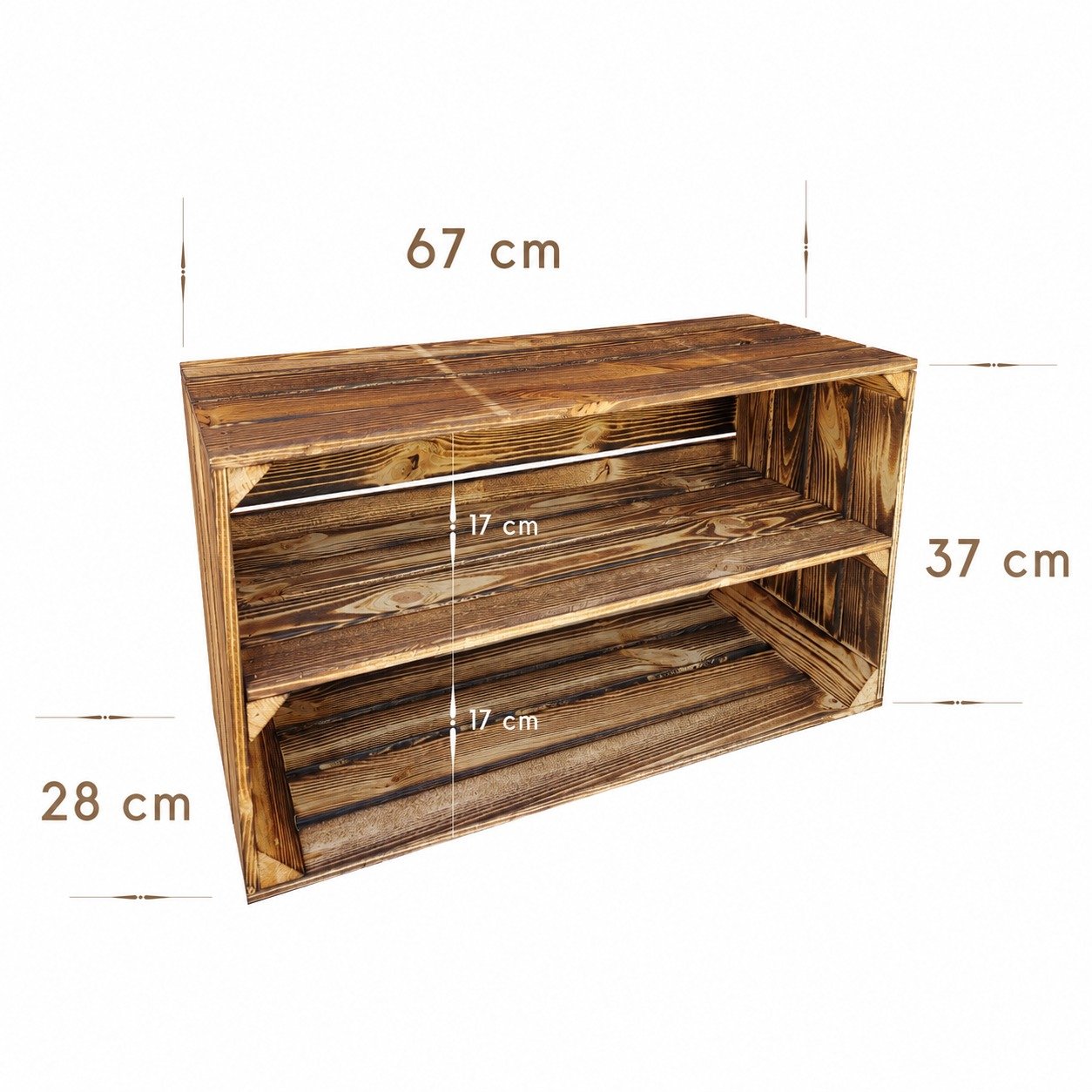 Holzkiste mit langem Boden 67×37×28 cm – geflammt oder natur – Maße
